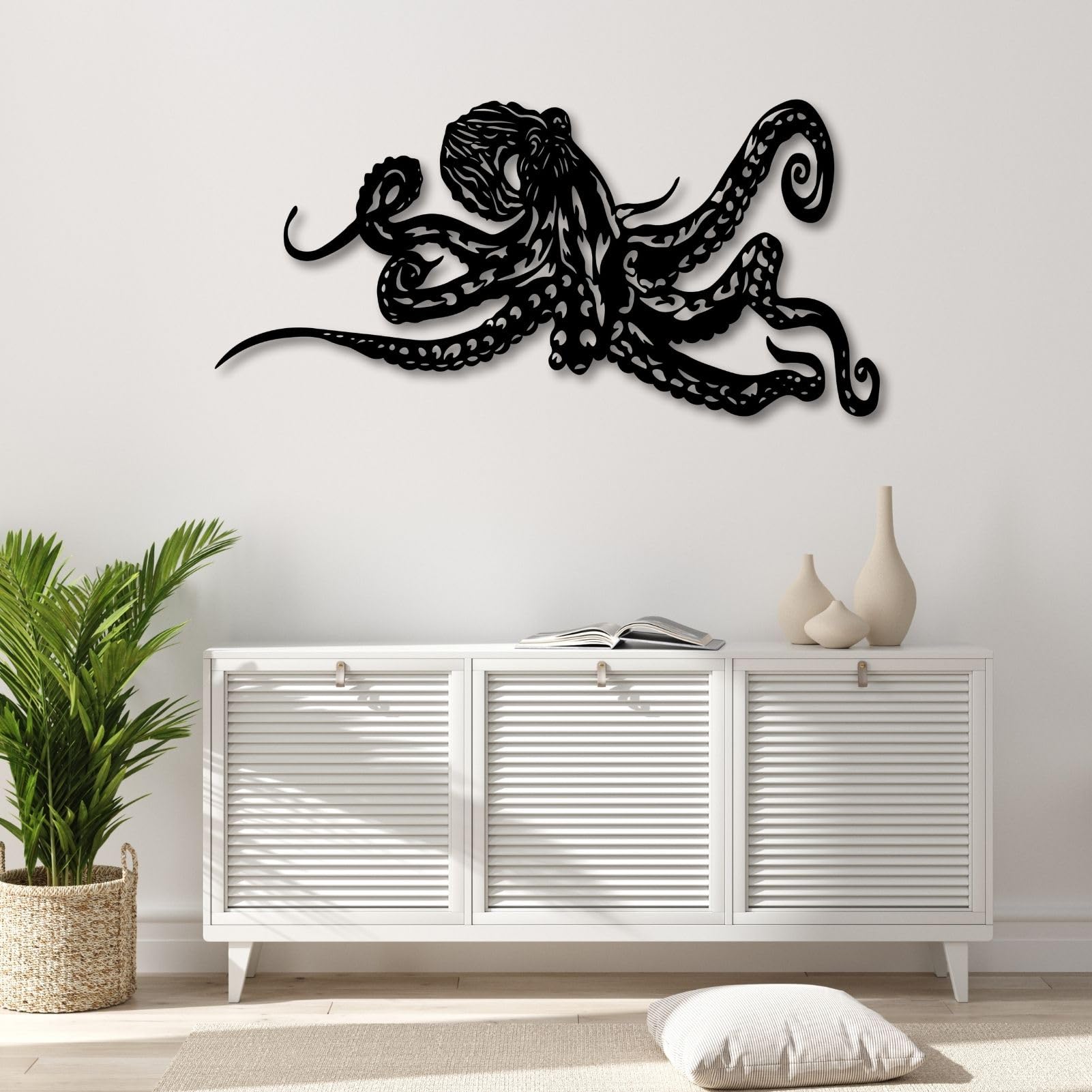 Metalowa ośmiornica ośmiornica życie morskie dekoracja ścienna do domu, salonu, sypialni, wewnątrz i na zewnątrz (czarny, 150 x 72 cm, lar