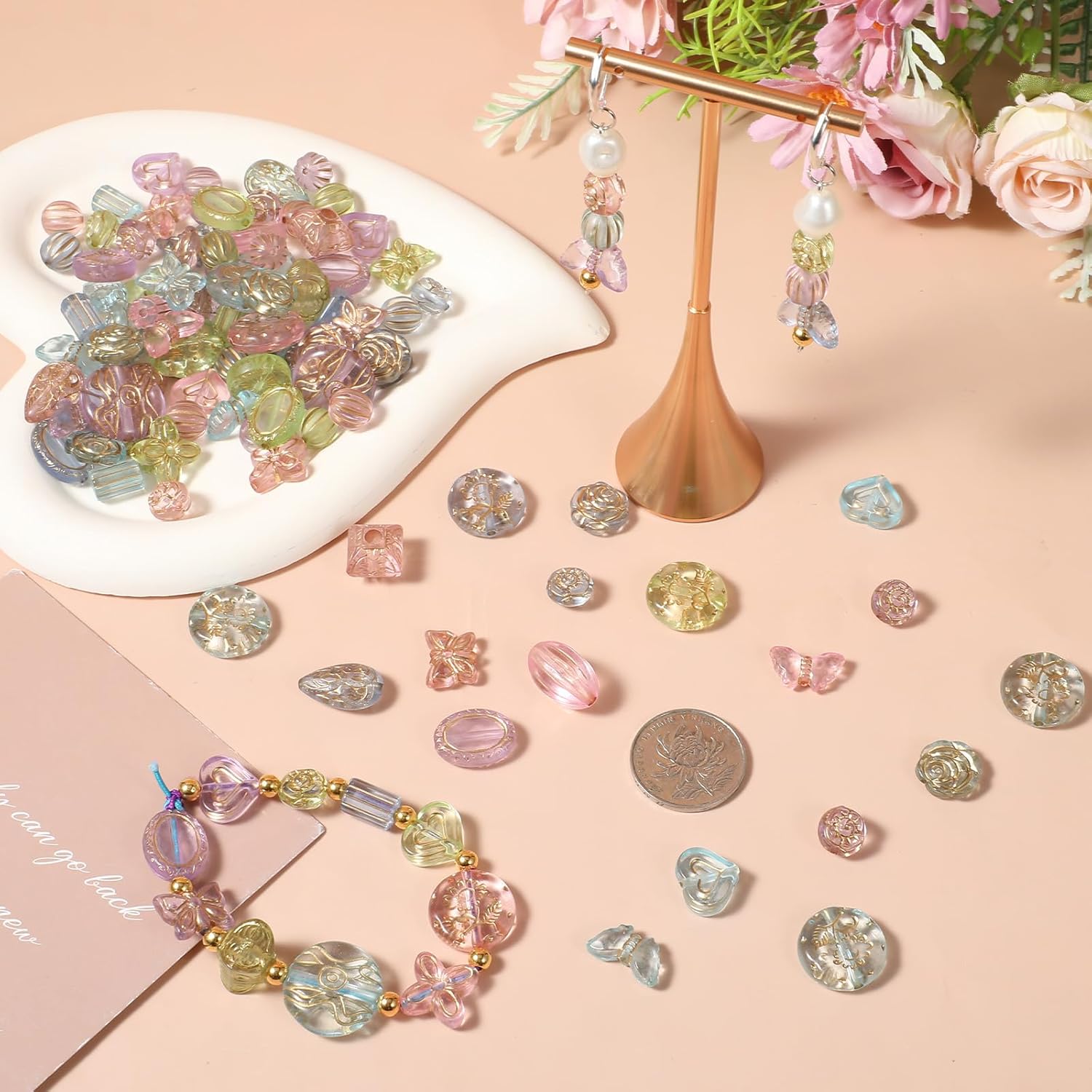 100PCS Bohemia Acrylic Beads Cute Kawaii Aesthetic Assorted Beads Mix Metal Enlaced Transparent Bead Heart Butterfly Flower Round Oval Czech Bead for Bracelet Earring Necklace DIY Craft - Image 4