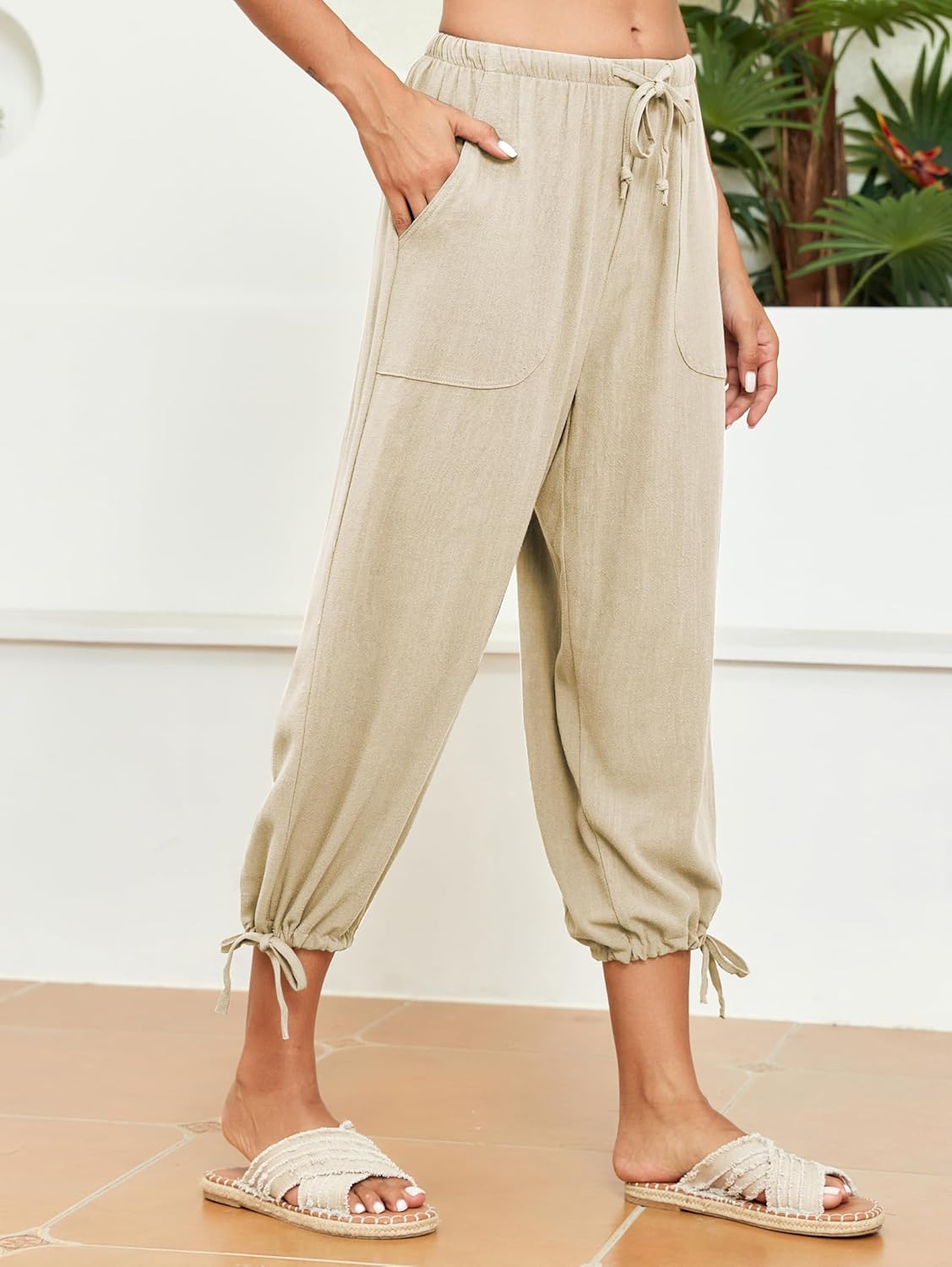 Famulily Womens Capri Pants High Waisted Wide Leg Lounge Linen Pant Drawstring Causal Palazzo Trousers with Pockets - Image 3