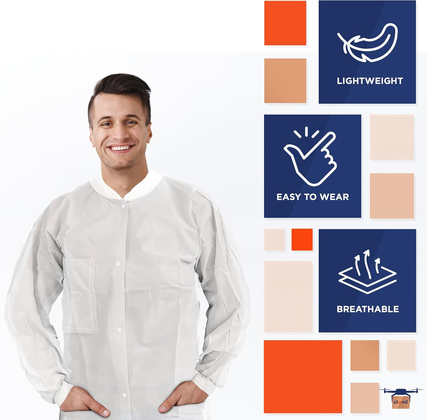 EZGOODZ Disposable Lab Coats for Adults, Large White, 45 GSM Polypropylene, Unisex Lab Coat with Snap Front, Knit Cuffs and Collar, 3 Pockets, Pack of 10