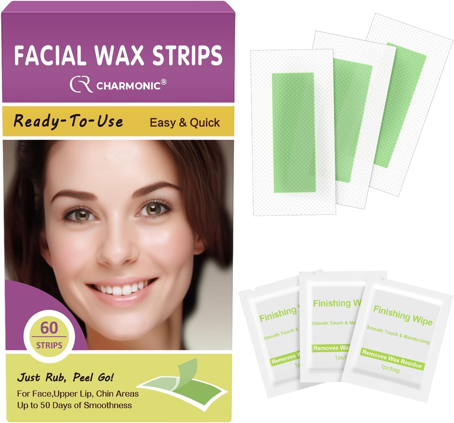 Charmonic Facial Wax Strips, 100 Pcs, Facial Hair Removal
