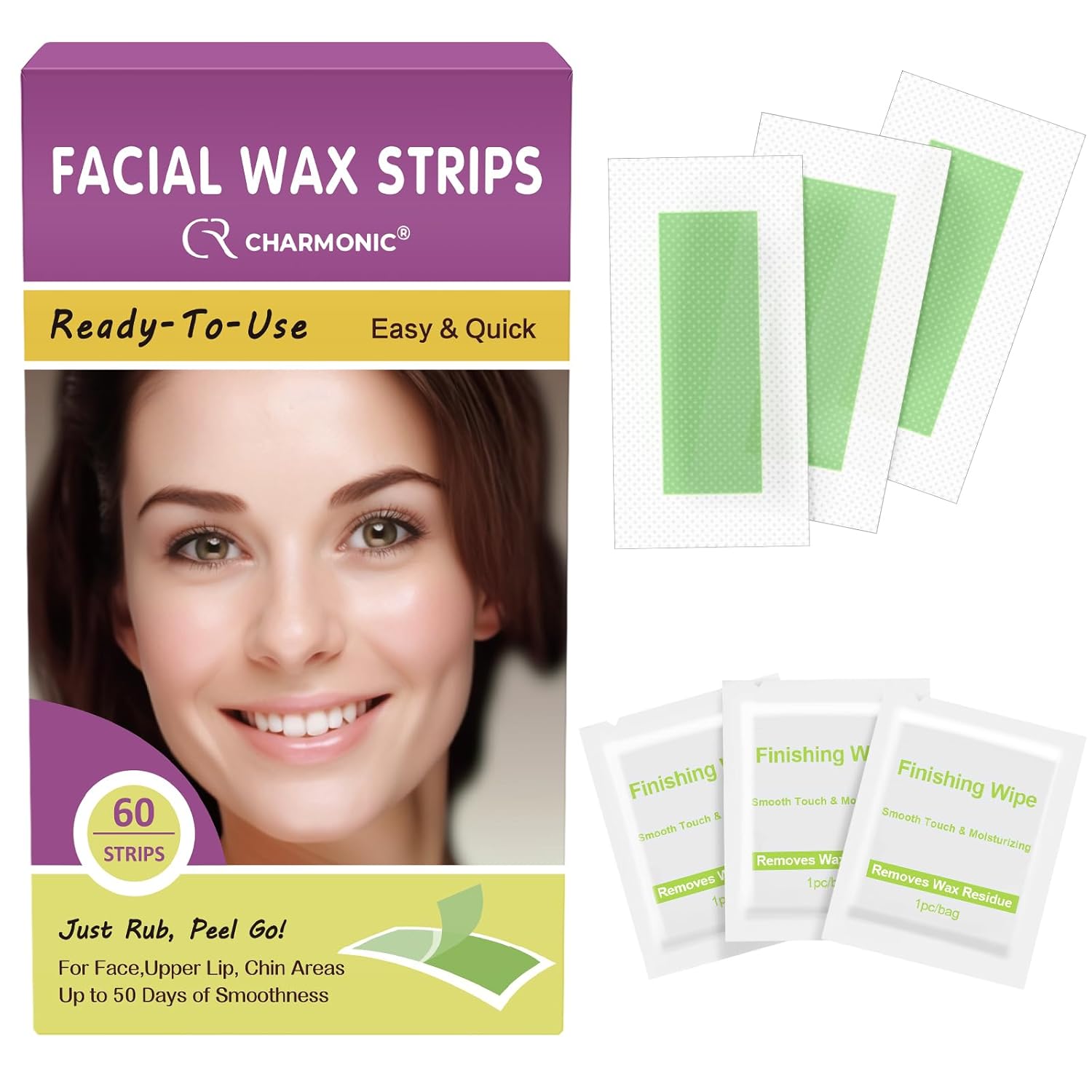 Charmonic Facial Wax Strips60 Strips, Waxing Kit for