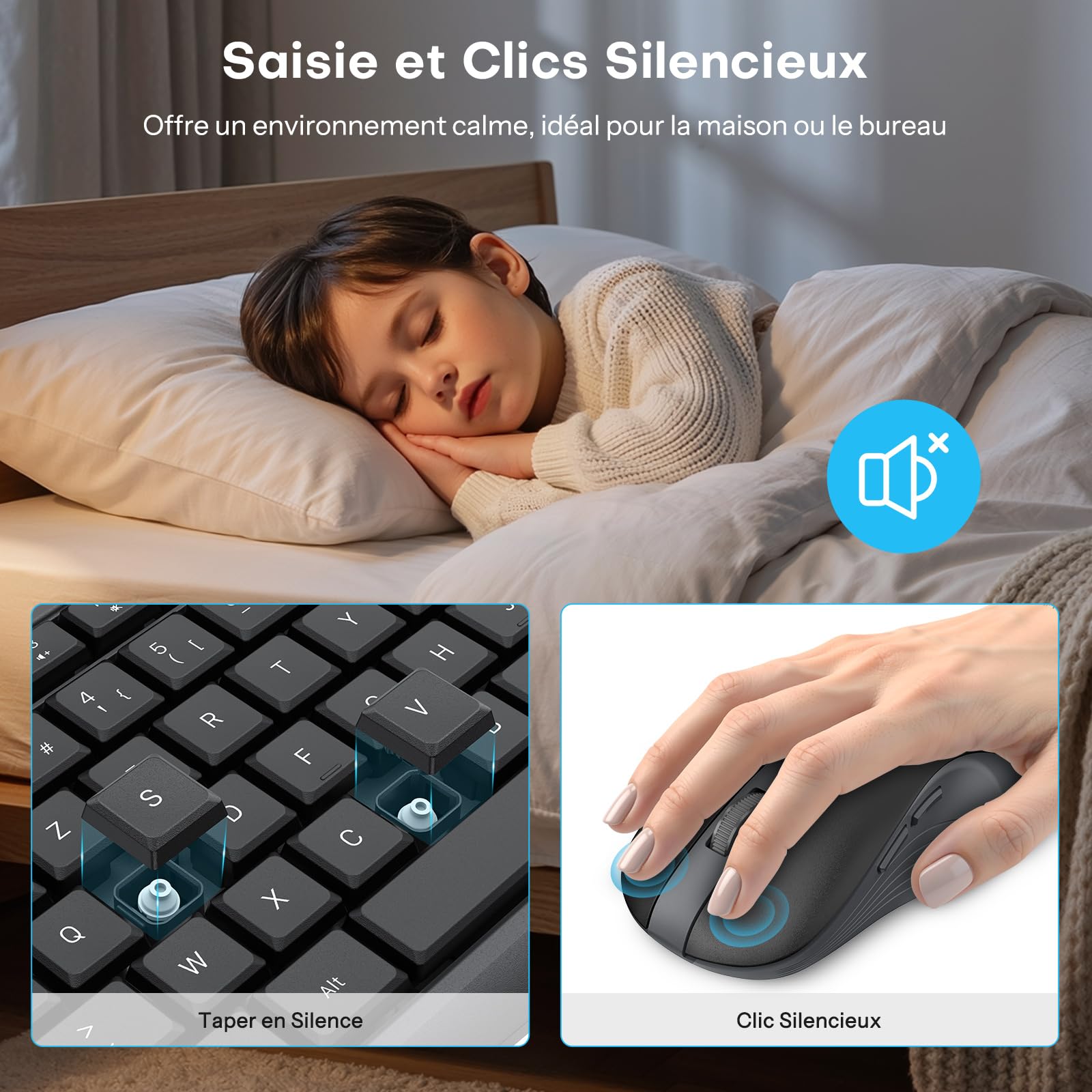 Ensemble Clavier et Souris sans Fil OMOTON, 2,4 GHz AZERTY, Noir-Gris | Support pour téléphone intégré, Silencieux, Ergonomique, 3 DPI, Voyant d'alimentation, pour Windows/Linux/PC, Bureau, études