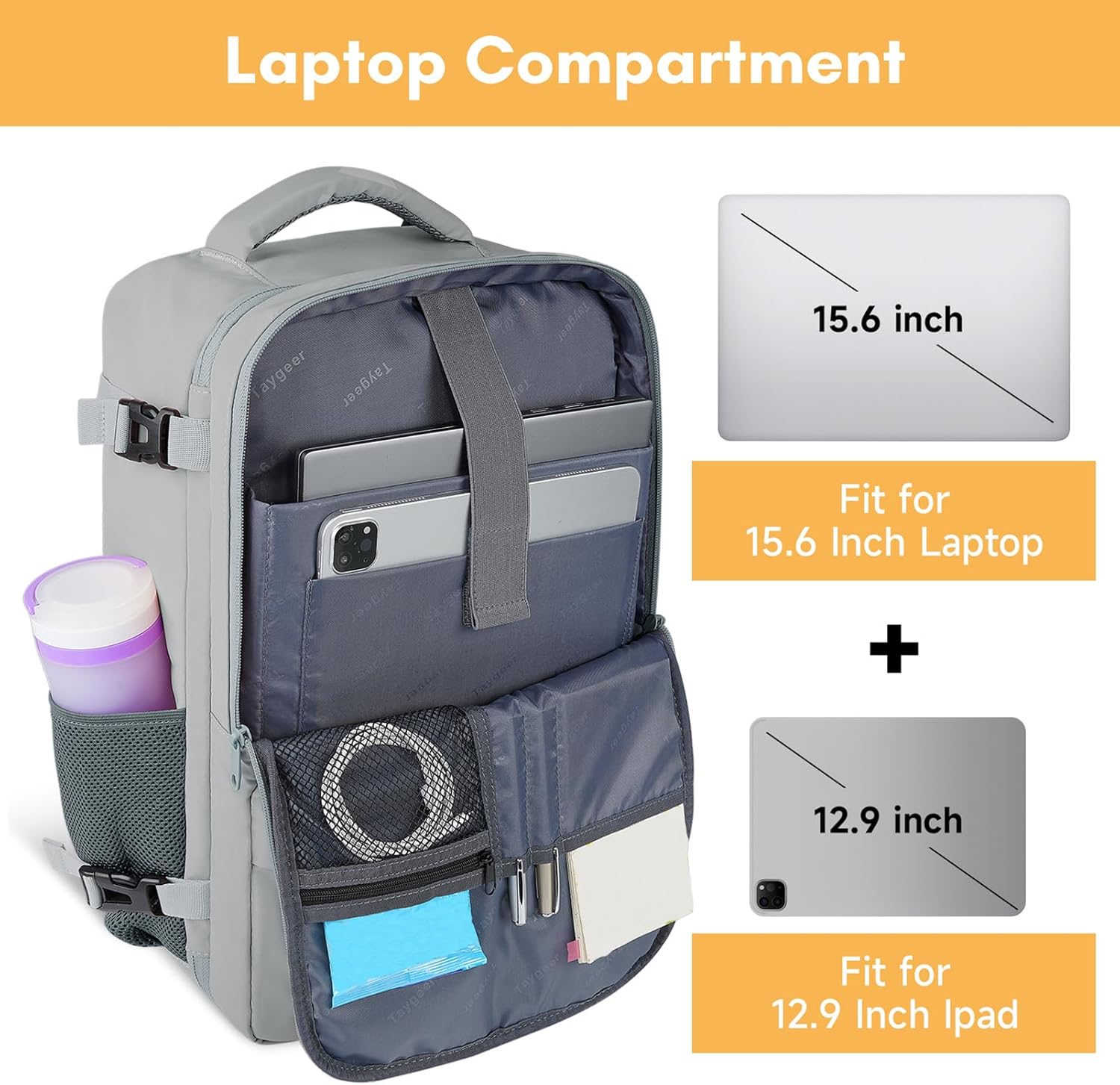 Taygeer Carry On Backpack, Womens Travel Backpack with Water Bottle Pocket & Shoe Pouch, Laptop Mochila 15.6inch Flight Approved, College Teacher Tote Bag for Business Travel Supplies, Grey