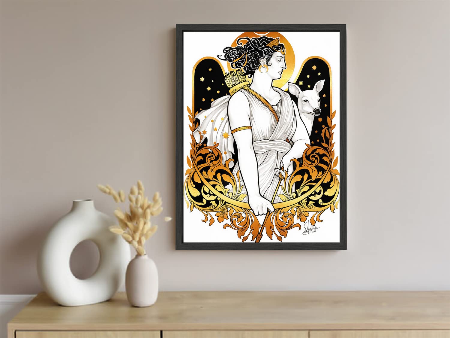 Xtreme Skins Designs Print Black Wood Floater Framed Canvas Wall Art Decoration Poster (10x14 Inch) - Artemis Goddess