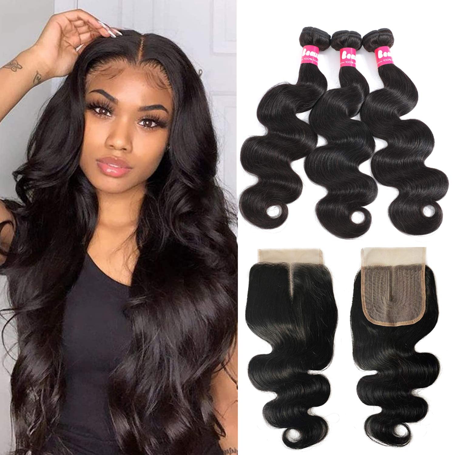 Body Wave Bundles with Closure Human Hair 3 Bundles with Middle Part Closure(14 16 18+12,350g), 100% Human Hair Weave Bundles With 4x1 Closure Natural Color Can Be Dyed and Bleached