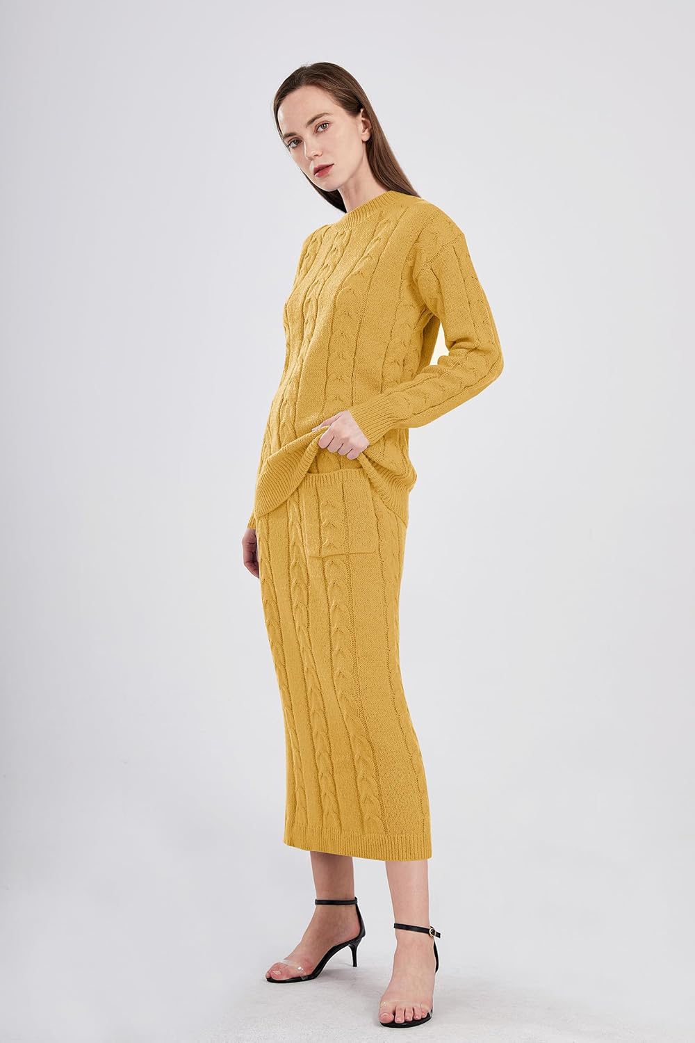 utcoco Womens Sweater Sets Winter Chunky Cable Knit 2 Piece Outfits Sweater Skirt Set - Image 4