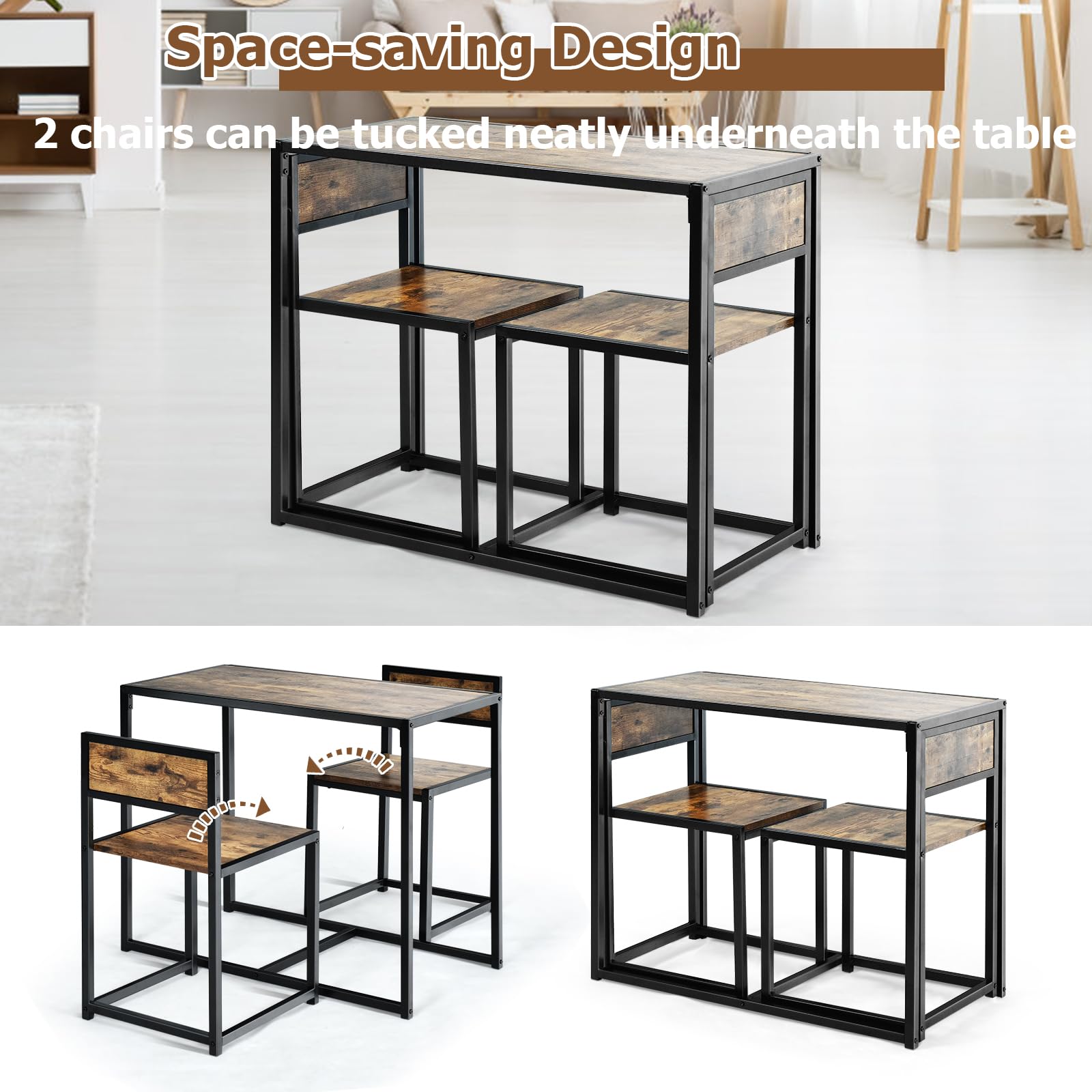 HOMASIS Ensemble de Bar 3 Pièces avec 2 Tabourets, Table de Bistrot avec Chaises, en Bois et Structure Métal, Design Industriel pour Cuisine