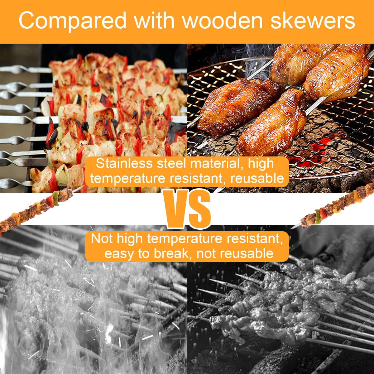 Brochette inox 30 cm 24 pièces réutilisables acier inoxydable barbecue