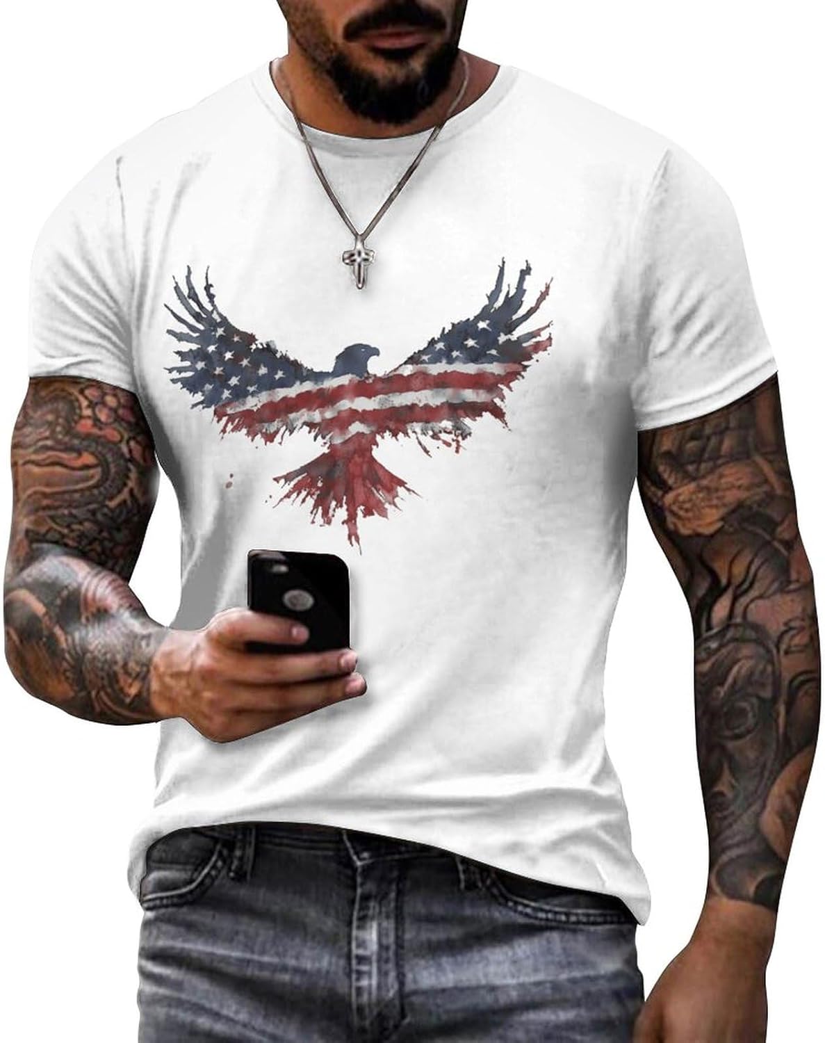 Shirt for Men American Flag Print Crewneck Short Sleeve Casual Stylish Summer Shirts Graphic Skull T-Shirt Tops