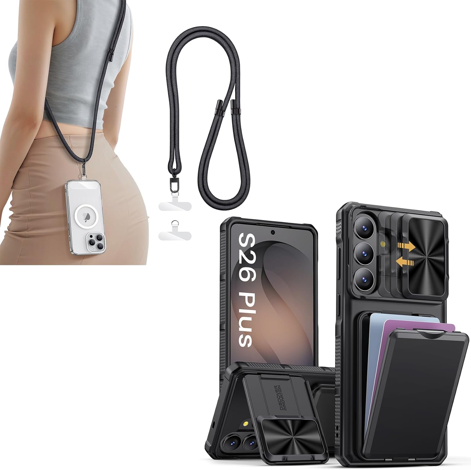 SSLOTSCASE for Samsung Galaxy S26+ Plus Case with Card Holder & Kickstand & Slide Camera Lens Cover & Camera Stand & Wallet, Phone Lanyard Crossbody with 2X TPU Clear Tabs