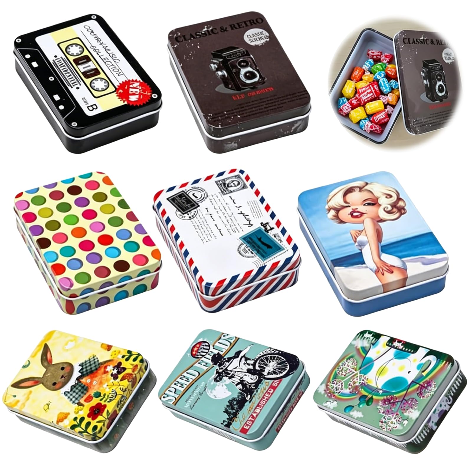 aiyraa 8 Pcs Small Tins With Lids, 9 X 6.5 X 2.4 Cm Small Vintage Tin Boxes Metal Cigarette Tin Portable Storage For For Candies, Key, Earring, Jewelry (Vintage)