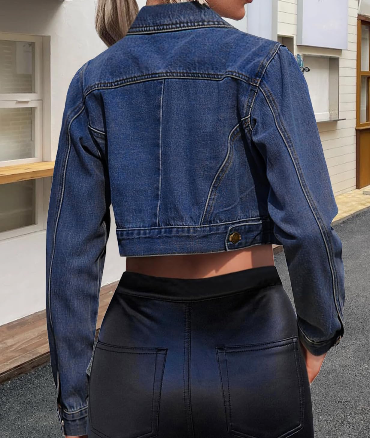 Women's Cropped Denim Jean Jacket Button Down Frayed Washed Long Sleeve Casual Jacket Coats - Image 6