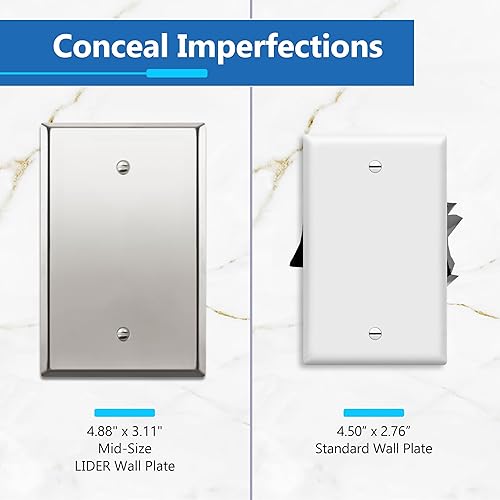 Vista 69 de LIDER Placa de pared de metal en blanco, cubierta de salida de acero inoxidable, resistente a la corrosión, tamaño mediano de 1 banda, 4.88 x 3.11