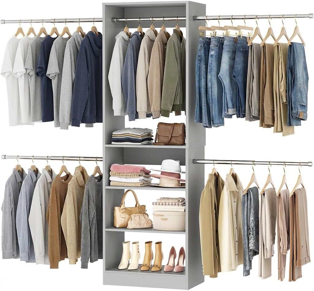 Homieasy White Wooden Closet System, 4.5-10ft Expandable Closet Organizer with 5 Hanging Rods & 4-Tier Shelving Tower, Adjustable Walk-in Reach-in Wardrobe Storage Solution for Bedroom