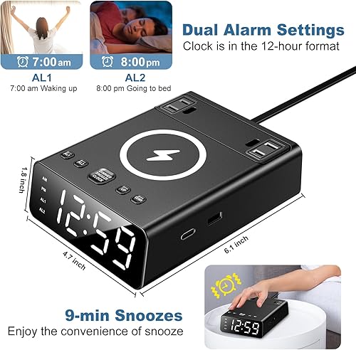 Miniatura 5 de Reloj despertador con USB-C rápido y USB-A, cargador inalámbrico rápido, regleta de alimentación de 2 tomacorrientes, pantalla LED regulable reloj