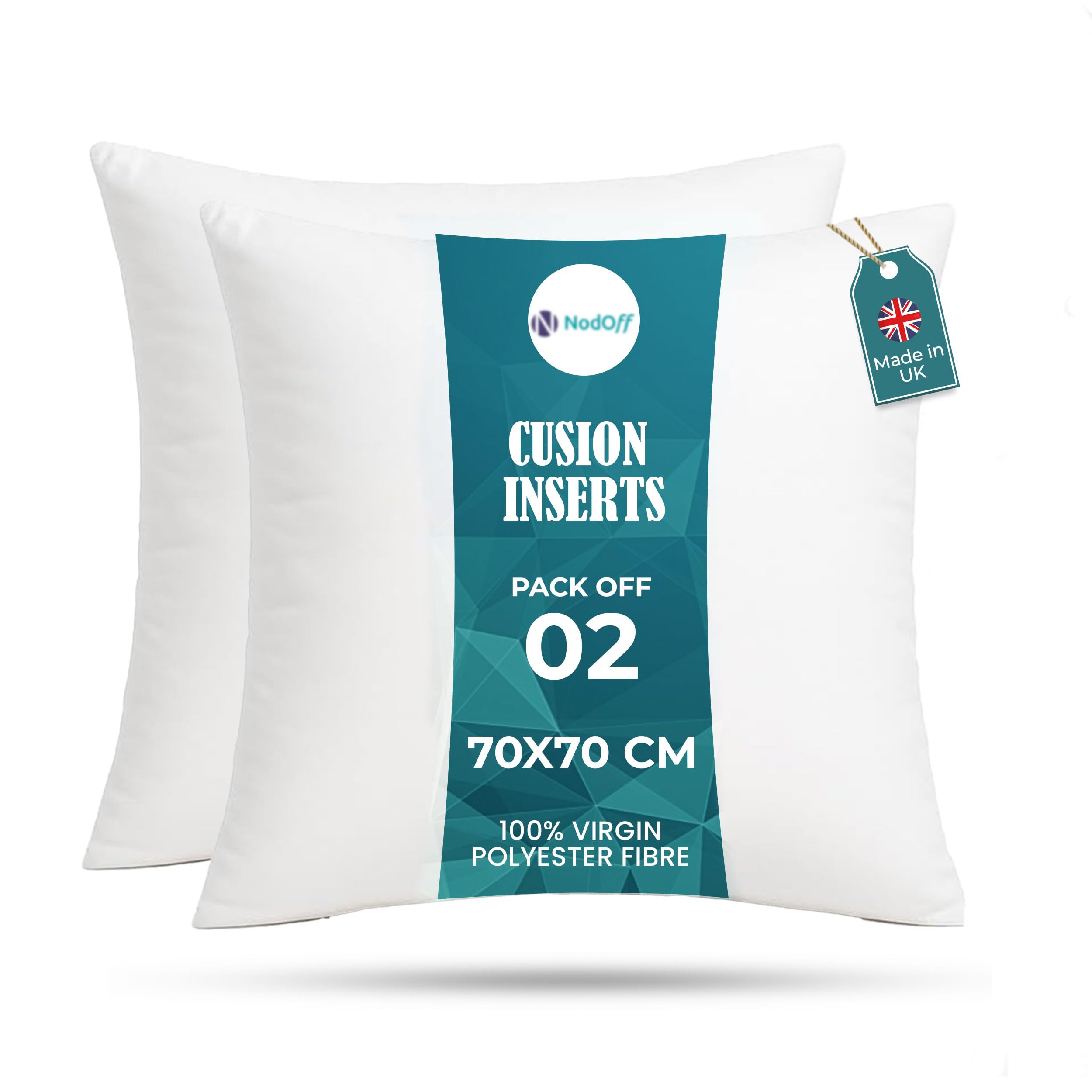 Nod Off Cushions Inserts (Pack of 2) - 28” x 28” (70cm x 70cm) Hollowfibre Stuffed Square Cushion Insert - Hypoallergenic Bounce Back Cushion for Sofa, Bed, & Outdoor