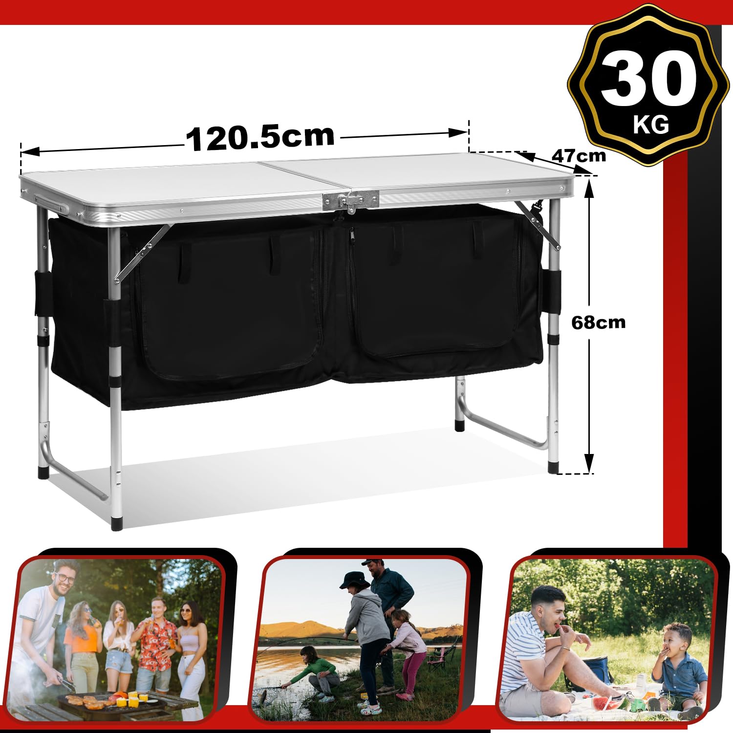 Cuisine de camping - Armoire de camping avec structure en aluminium - Pliable - Avec plan de travail résistant à la chaleur - Hauteur réglable - Pour le camping et l'extérieur - Sac de