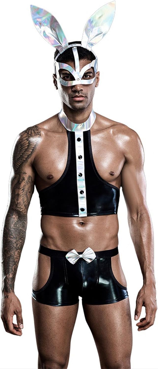 Mens Cosplay Costume Tuxedo Sexy Lingerie Set Role Play Rabbit Man Uniform Gay Bar Nightclub Outfit