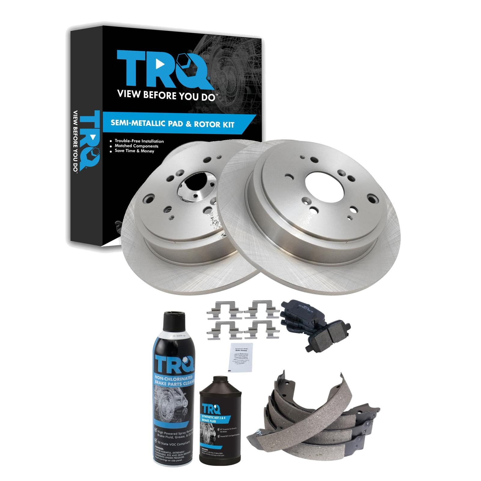 TRQ Rear Brake Pad &amp; Rotor Kit, with Chemical Kit Parking Brake Shoe Set Semi-Metallic Compatible with 2001-2006 Acura MDX