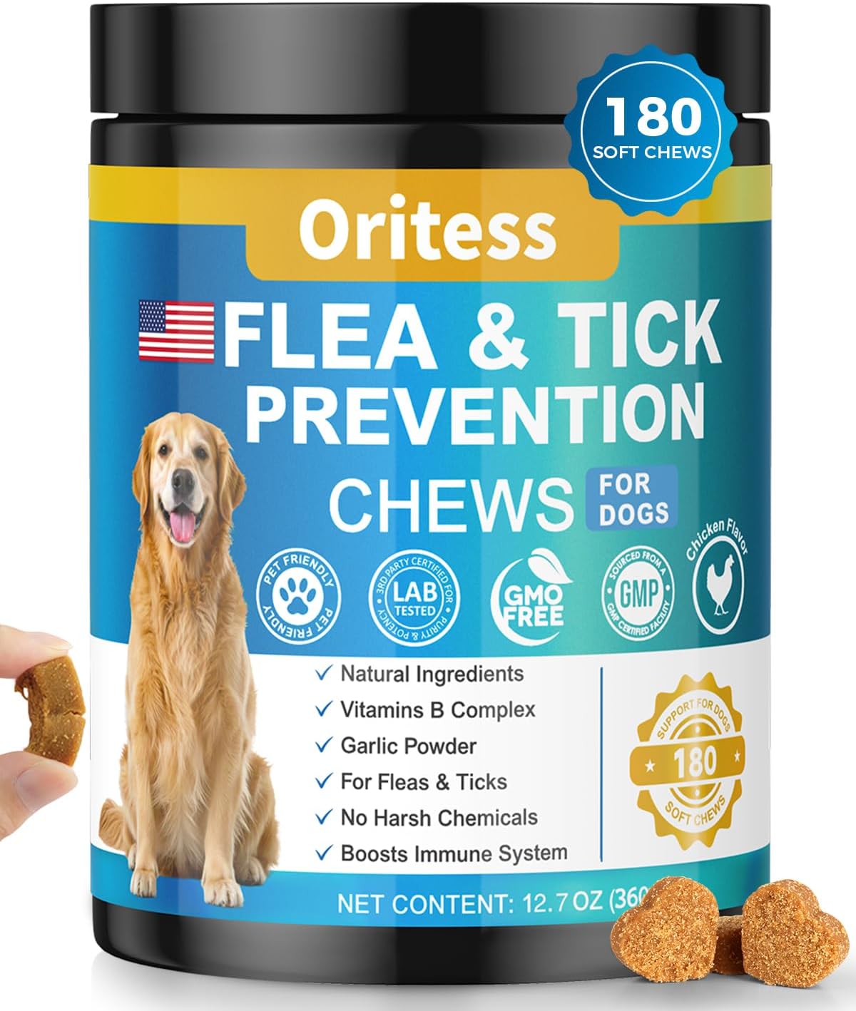 Flea and Tick Prevention for Dogs, 180 Soft Chews Natural Dog Flea and Tick Chewables Oral Flea Supplement for Dogs, Puppy Flea Support – All Breeds & Ages – Chicken Flavor
