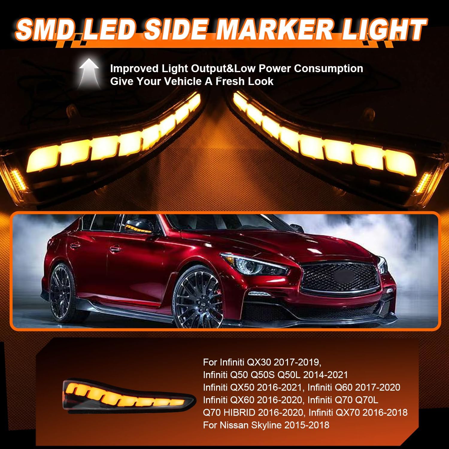 LED Side Mirror Marker Lights Clear Lens for Infiniti Q30 2016-2019 Q50 Q50S Q50L 2014-2021 Q60 Q70 - Replacement OEM Side Mirror Trim, Function as White DRL & Amber Turn Signal Light