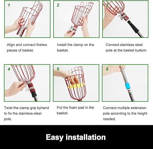 Miniatura 6 de joyhalo Recolector de frutas con cesta, recogedor de manzanas de 8 pies con mango ajustable de acero inoxidable, cesta de recolección de frutas para