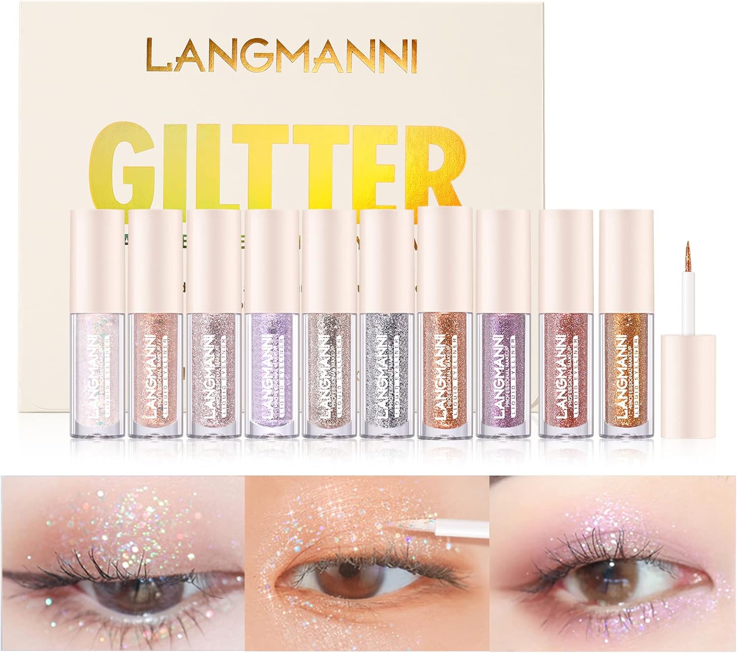 LANGMANNI 10Pcs Liquid Glitter Eyeshadow Korean Makeup Set, Shimmer