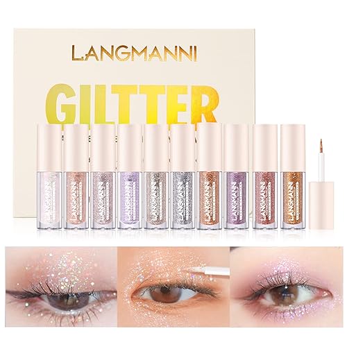 LANGMANNI Juego de 10 sombras de ojos coreanas con purpurina líquida, brillante, pigmentado, de larga duración, secado rápido, sombra de ojos con
