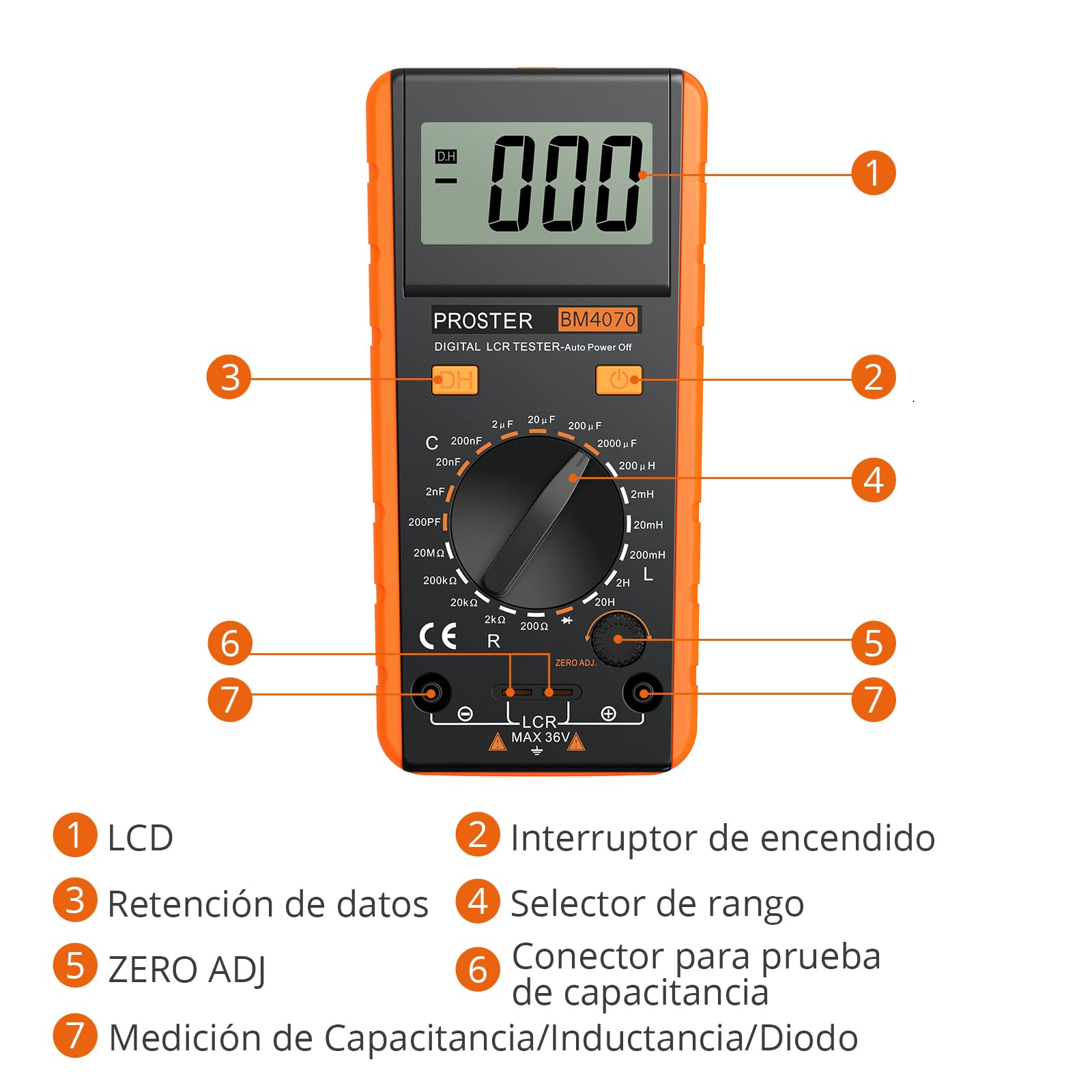 Proster LCR Medidor De Capacitancia Inductancia Resistencia Continuidad Diodos Tester Digital Multimetro Autodescarga con Gran Pantalla LCD Giratorio Cables Prueba Pinzas Cocodrillo y Destornillador