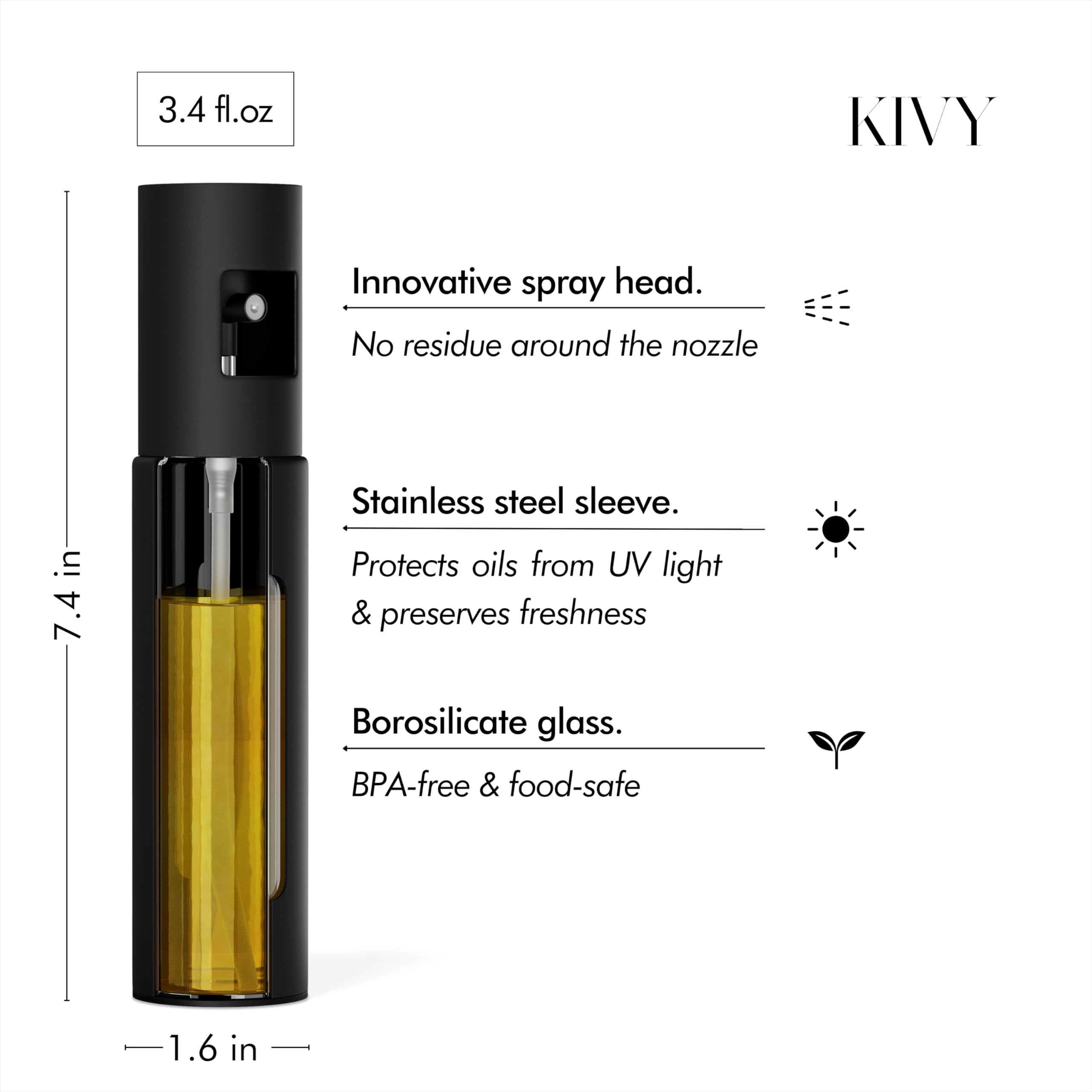 KIVY Spruzzatore per Olio in Vetro per Cucina – Bottiglia Spray Precisa per Olio e Aceto – Bottiglia Spray Mister per Alimenti – Include Imbuto – Perfetto per Cucinare e Friggitrice ad Aria (Nero e