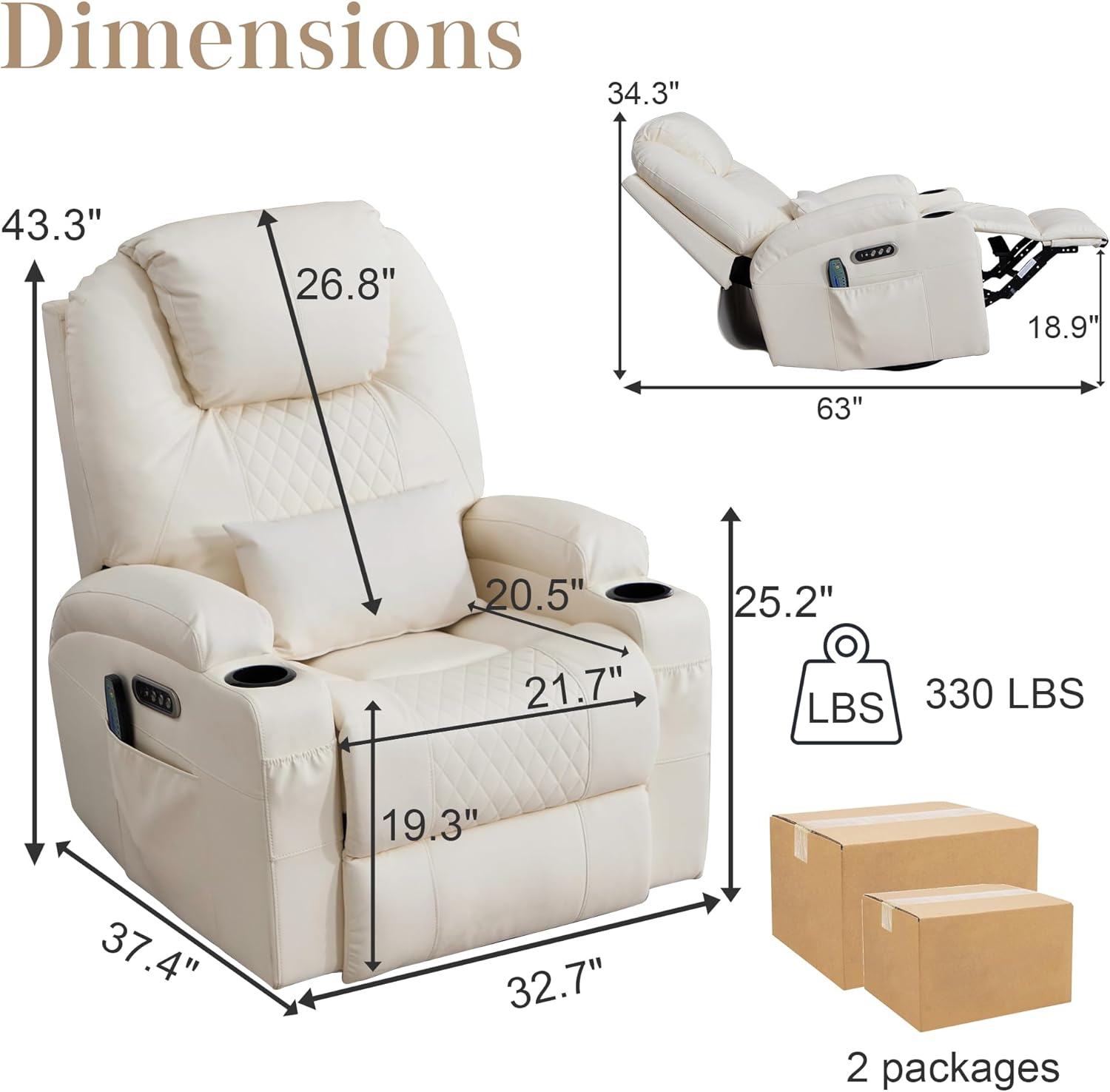 AHMED Rocking Recliner Nursery Chair, Dual Motor Power Swivel Glider Recliner with Heat & Massage, Nursery Recliner Chair with USB A/C Ports, Cup Holders & LED Light for Living Room & Bedroom, Beige