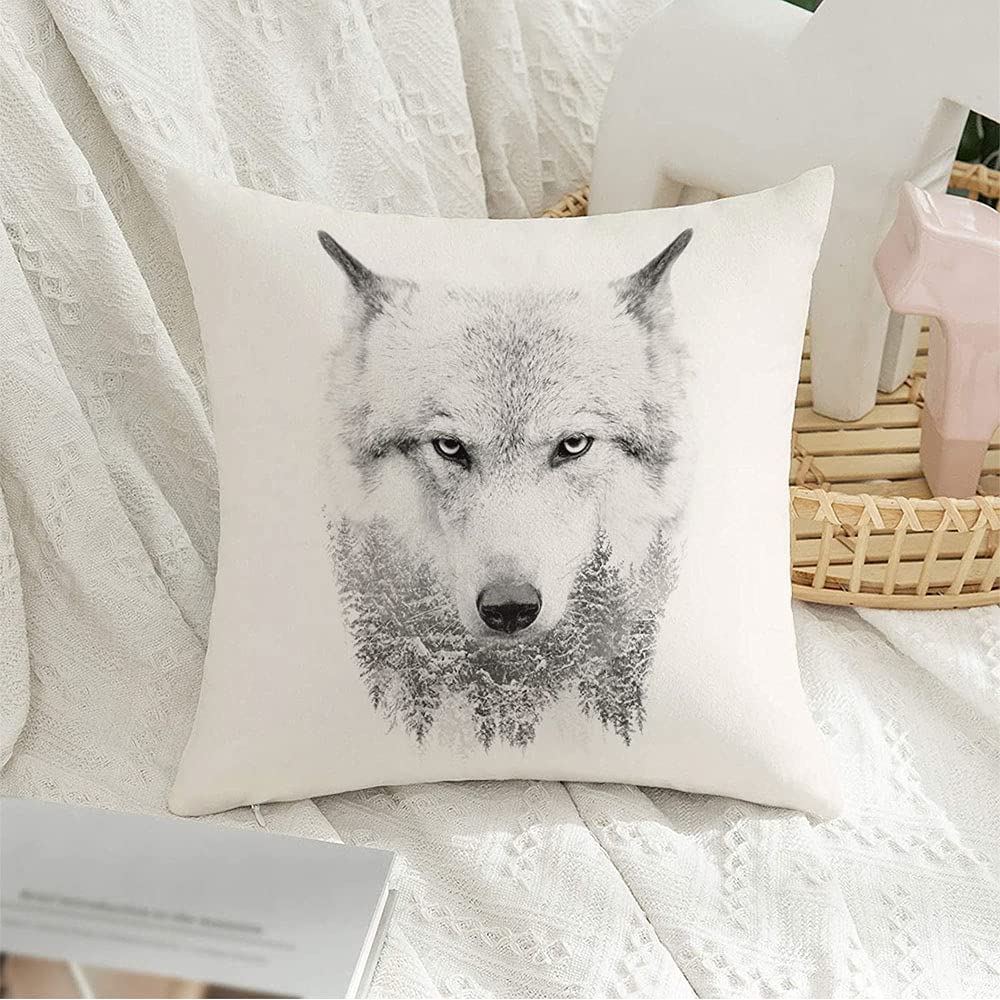 Decorative Square Throw Pillowcase Cover Soft Gray Wolf Face On White Double Animals Wildlife Green Head Zoo Fang Eye Macro Grey Strength Mammal Velvet Cushion Case for Sofa Bedroom Car 20x20 Inch