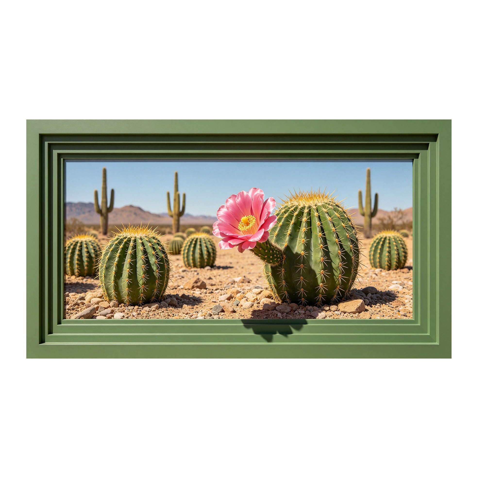 Yzpallescene 3D Framed Wall Art 50cm×100cm Southwestern Desert Saguaro Cactus Floral Window View Large Size SelfAdhesive Removable Wall Decor Prints Artwork for Living Room Bedroom Office