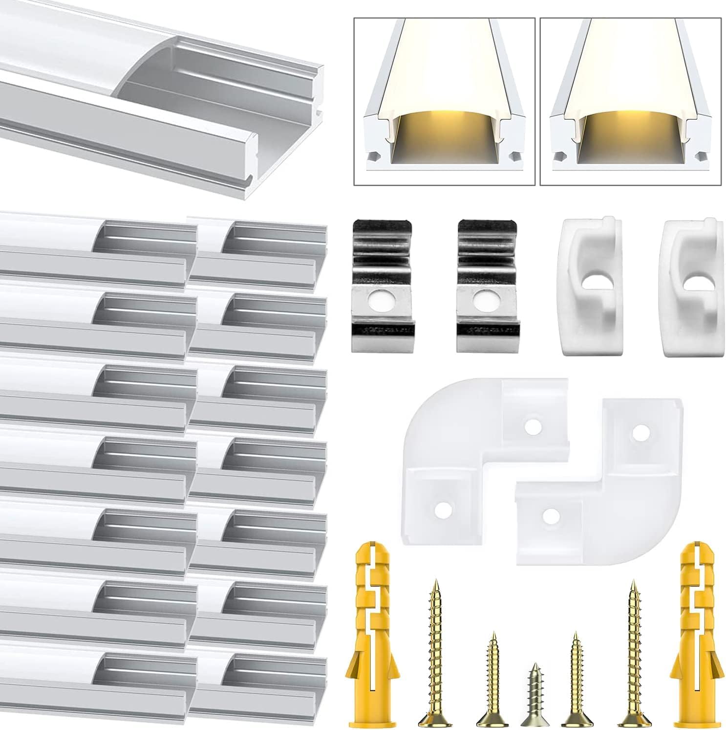 Chesbung LED Aluminium Kanal für Led Streifen/Stripes 12mm, 15X1m U Form Leiste Profil Aluprofil, Strip Schiene Streifen Diffusor mit Milchig Weißer Abdeckung, Montageclips und 90 Grad Eckverbindern
