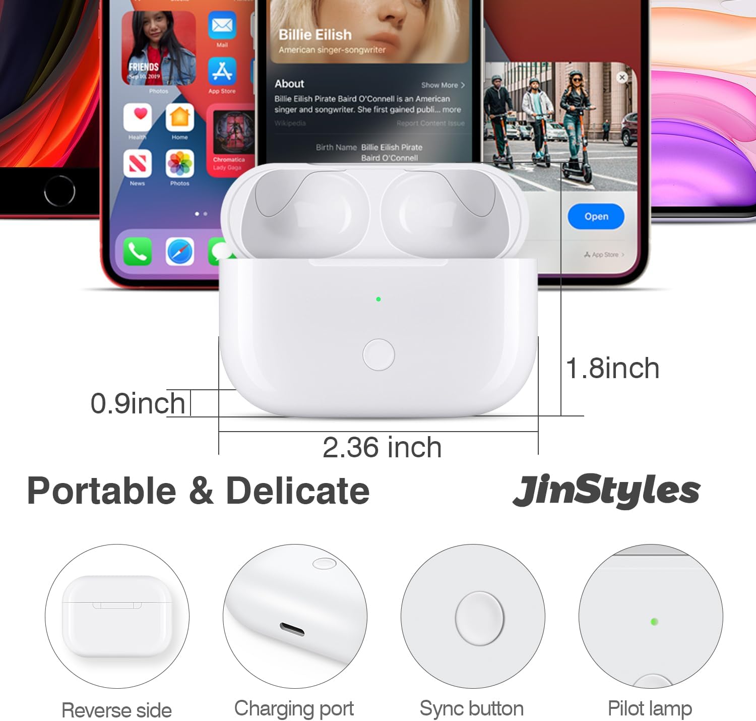 Jinstyles Charging Case Replacement for AirPods Pro 1st & 2nd Generation - Wireless Charger Case with Bluetooth Pairing Sync Button (Earbuds Not Included) - Light White