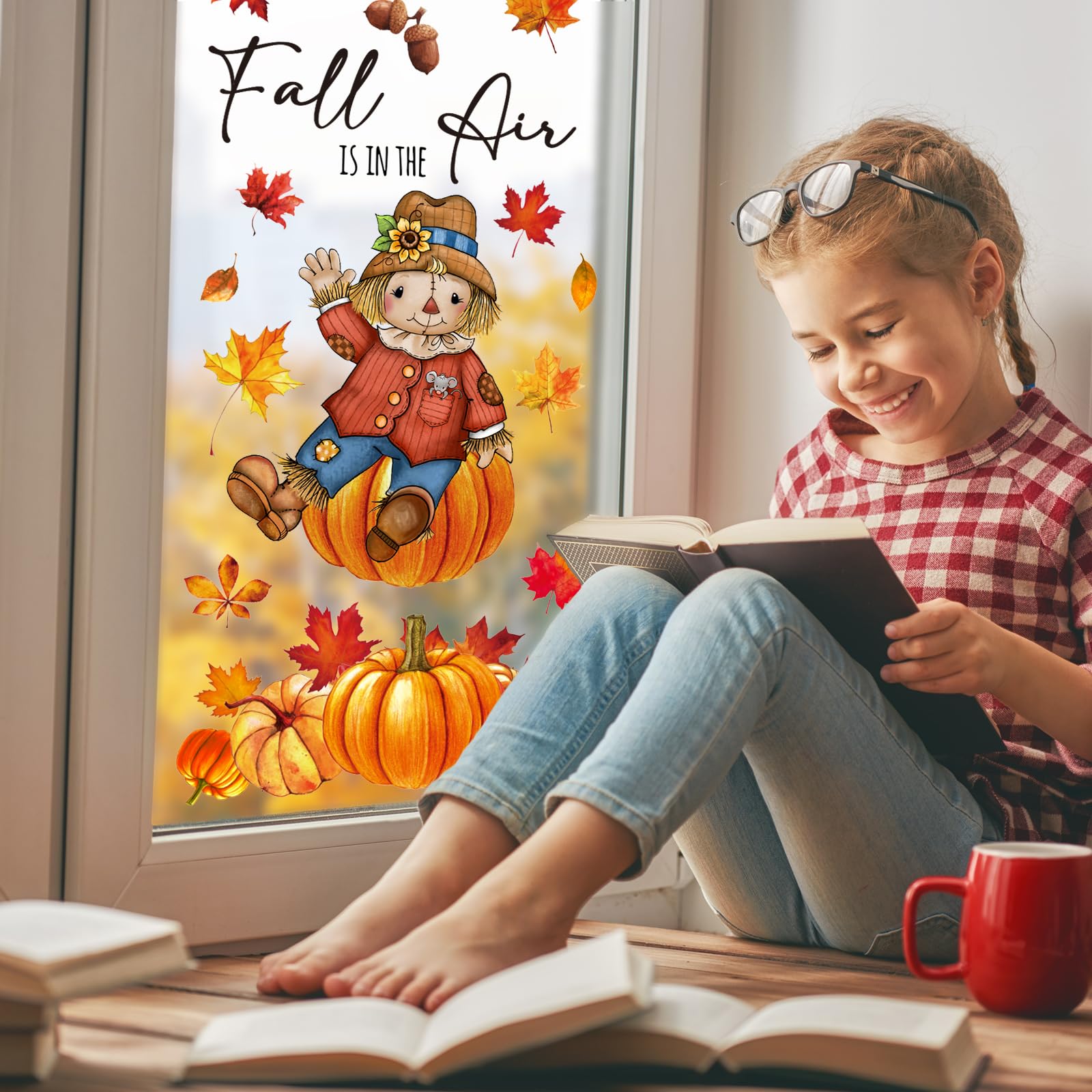 JarThenaAMCS Fall Window Clings - Watercolor Maple Leaves, Truck, Pumpkin, Scarecrow Decals - Double-Sided Autumn Decor for Thanksgiving, Home, Office, Harvest Party - Glass Mirror Decoration