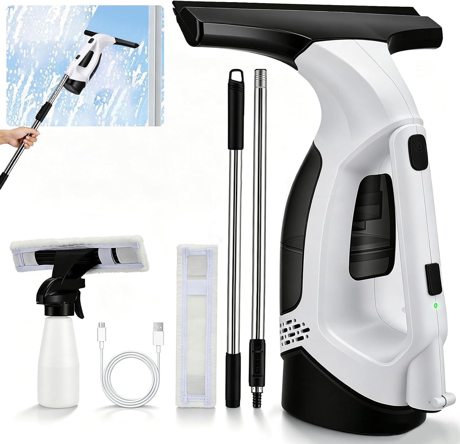 Window Vacuum Squeegee Cordless with Extension Pole and 2200mAh Battery