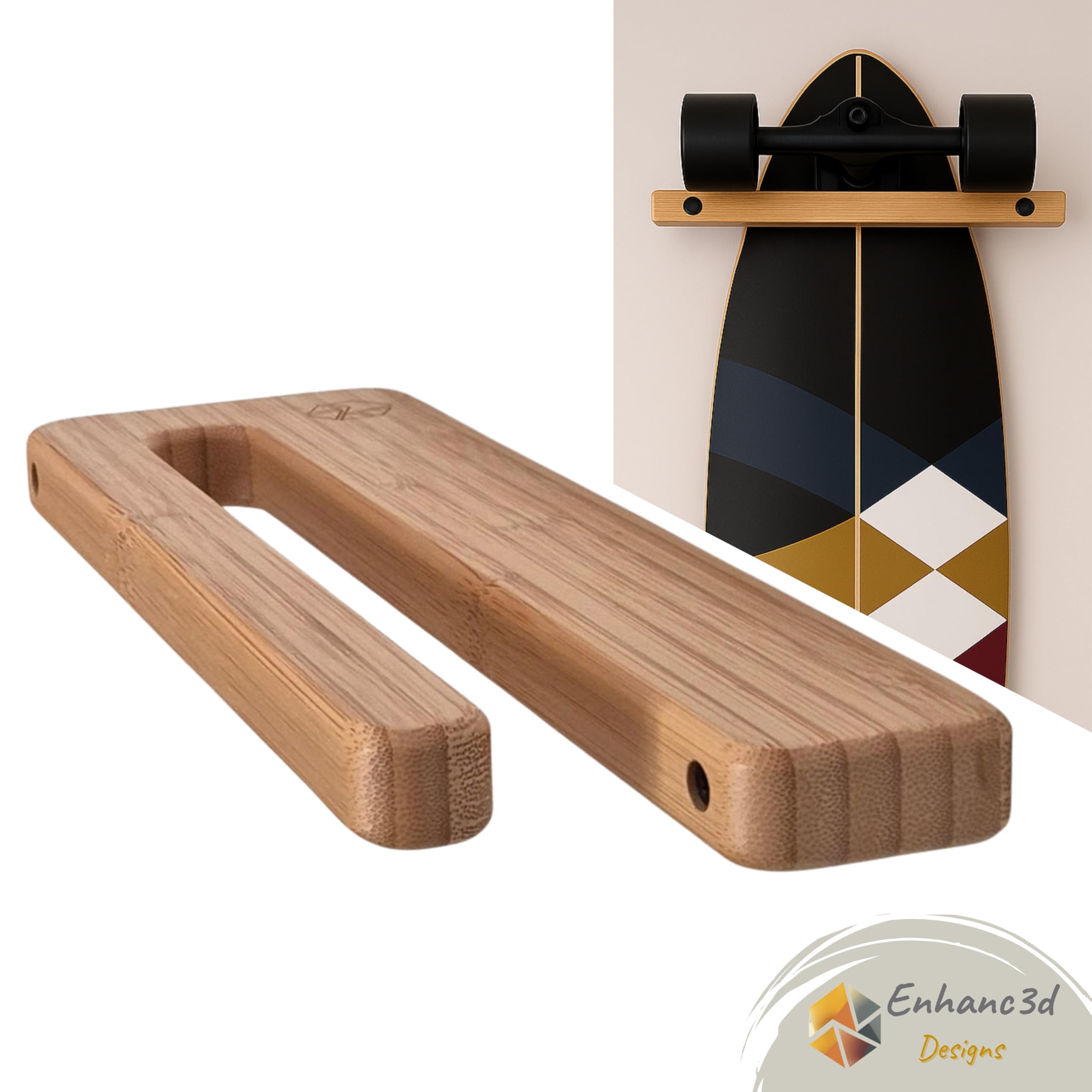 Supporto verticale per skateboard in legno di bambù, design moderno e robusto, gancio da parete per skateboard, supporto longboard da parete, progettato in Europa.