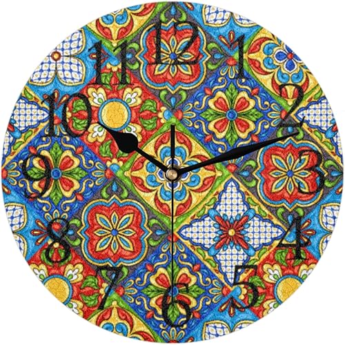 Reloj de pared con azulejos de cerámica mexicana, silencioso, sin tictac, mandala de flores, reloj de pared redondo, funciona con pilas, decoración