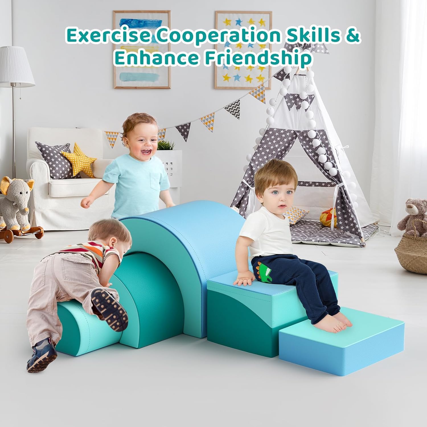 5-teiliges weiches Baby-Krabbelset mit Tunnel und Rutsche, Motorikspielzeug ab 1 Jahr, bunte Bausteine (Schnecken-Design) aus hochdichtem Schaumstoff, sicher und leicht, fördert Kreativität & Bewegung