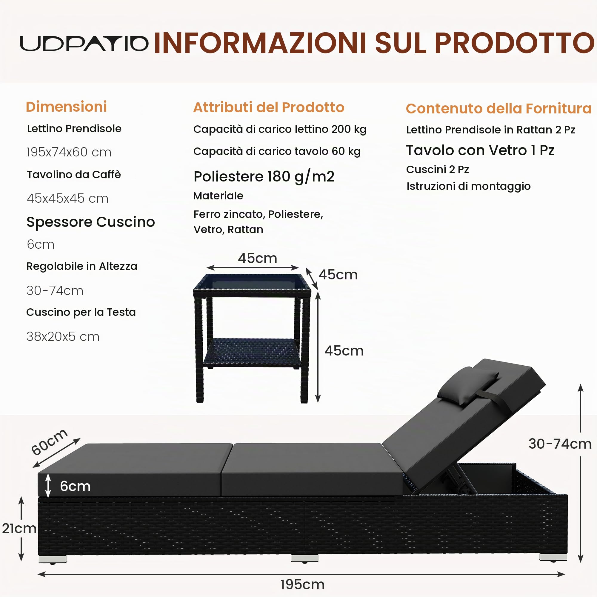 UDPATIO Set di 3 Lettino Prendisole, Poly Rattan, con Cuscino Testa e Tavolo, 5 Regolazioni, Lettini Prendisole da Giardino Impermeabili, per Esterno, Jardín, Patio (Nero)