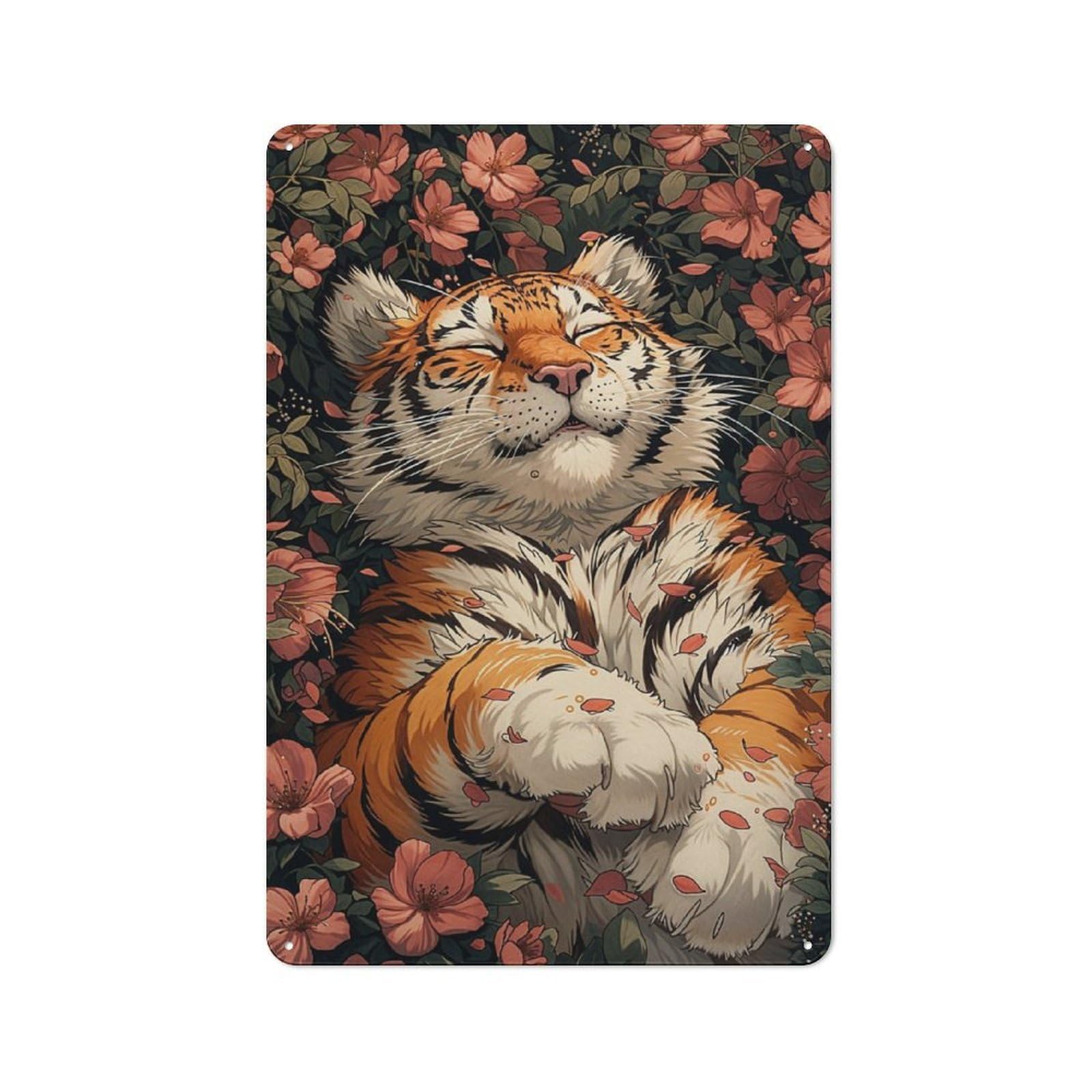 Junmoney Cute Tiger Sleeping Sakura Retro Metal Wall Sign 30X20cm With For Garage Wall, Suited To Garage Decor Collectors