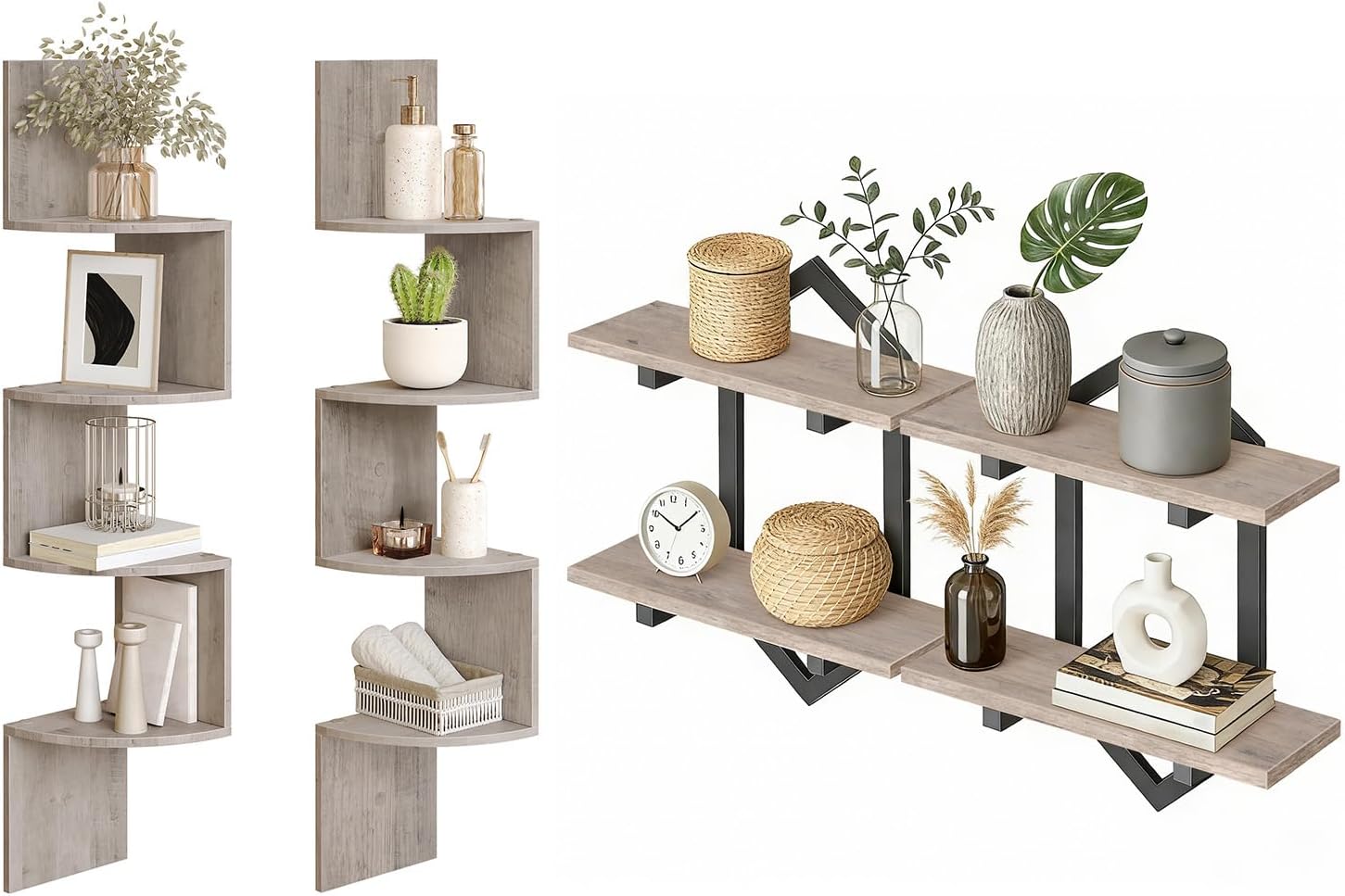 HOOBRO Corner Shelf Wall-Mounted, Floating Corner Shelves, Corner Bookshelves for Wall Decor in Living Room, Bedroom, Bathroom, Home Office, Greige BG25BJP201-BG13BJP201