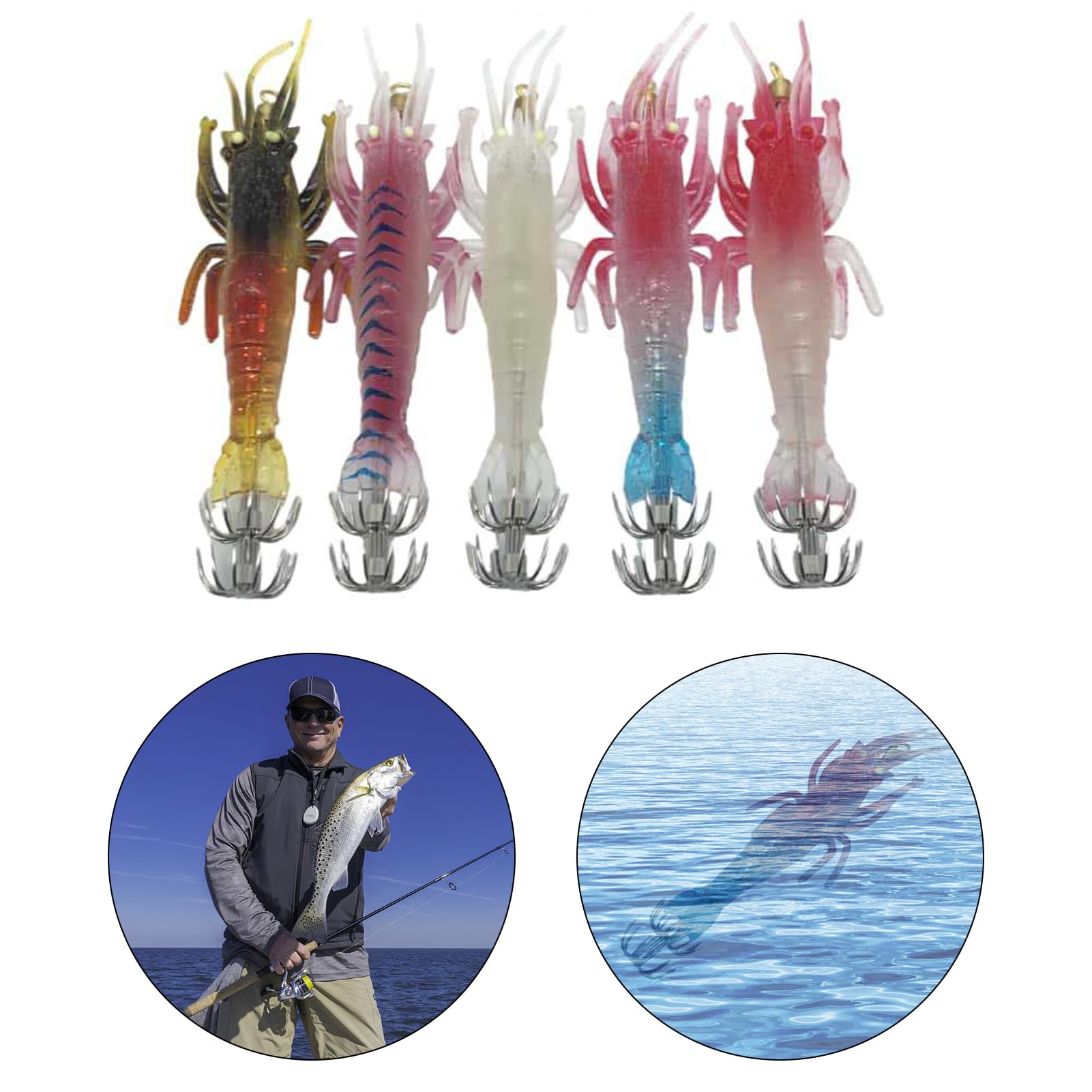 Juego de Anzuelos de Calamar Luminosos, Firmes y Fuertes para Pesca Nocturna, Señuelo de Camarón Brillante de PVC, 5 uds. Señuelos de Pesca de Pulpo de Sepia para Agua Dulce o Salada