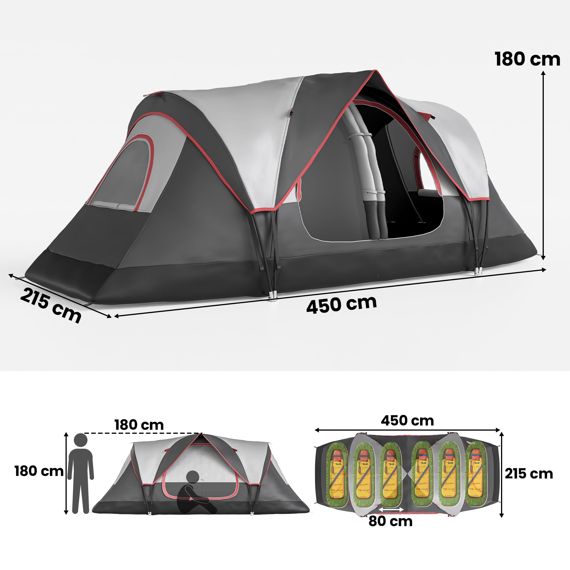 Outsunny Campingzelt, Tunnelzelt für 6-8 Personen, mit Lichthaken, Meshfenster, 2 Räumen Winddicht Familienzelt mit Tragetasche, 2000mm Wassersäule Gruppenzelt für Camping, Garten
