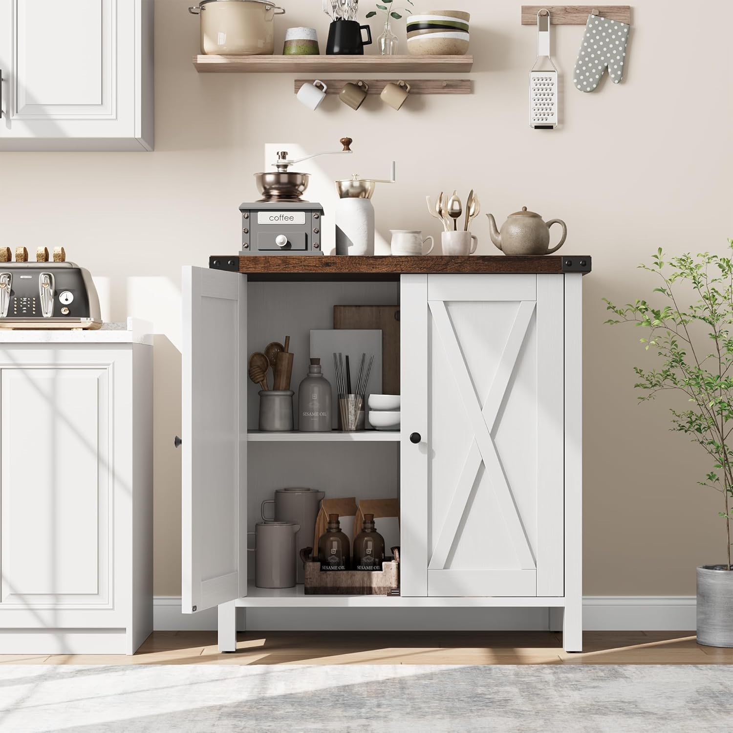 GarveeHome Small Storage Cabinet, Farmhouse Sideboard Buffet Cabinet with 2 Doors and Adjustable Shelves, Accent Entryway Console Cabinets for Living Room, Dining Room (White+Brown, 1 Pieces)