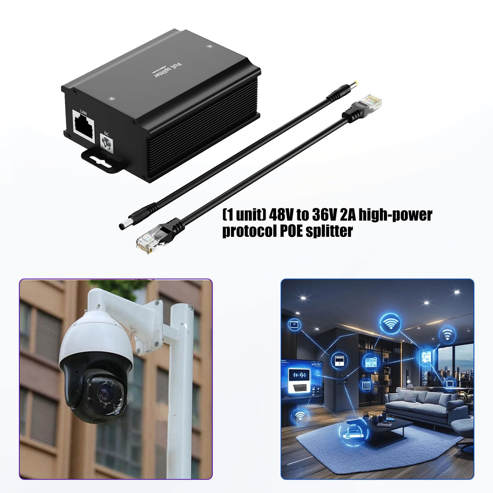 Leistungsstarker 48-V zu-36-V-2A Gigabit POE, POE Splitter für Überwachungskameras mit Protokollen für Netzwerkgeräte und Kameraprotokolle