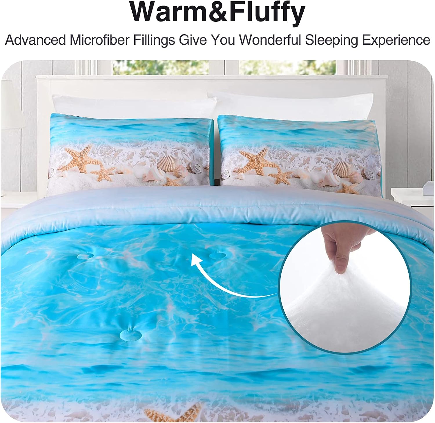 A Nice Night Boho Bohemian Comforter Set, Sand Star Ocean Beach Printed, Soft Microfiber Queen Bedding Set,Blue Queen