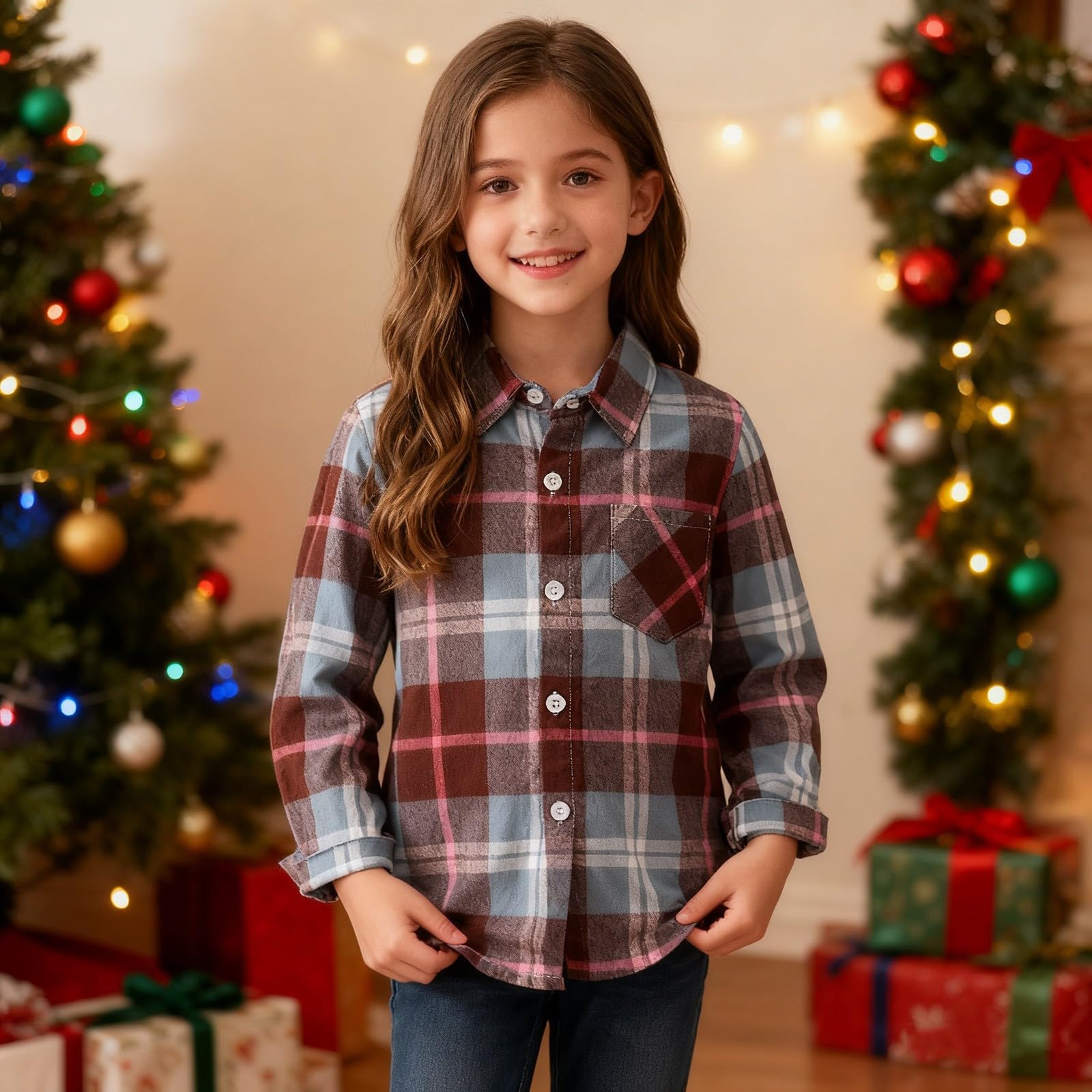 Camisa clásica de manga larga a cuadros para niñas y niños, camisa clásica con botones, para la escuela, casual, para niños, para día a día festivo